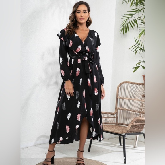 Printed Tie Front Ruffle Trim Long Sleeve Dress - Picture 1 of 5